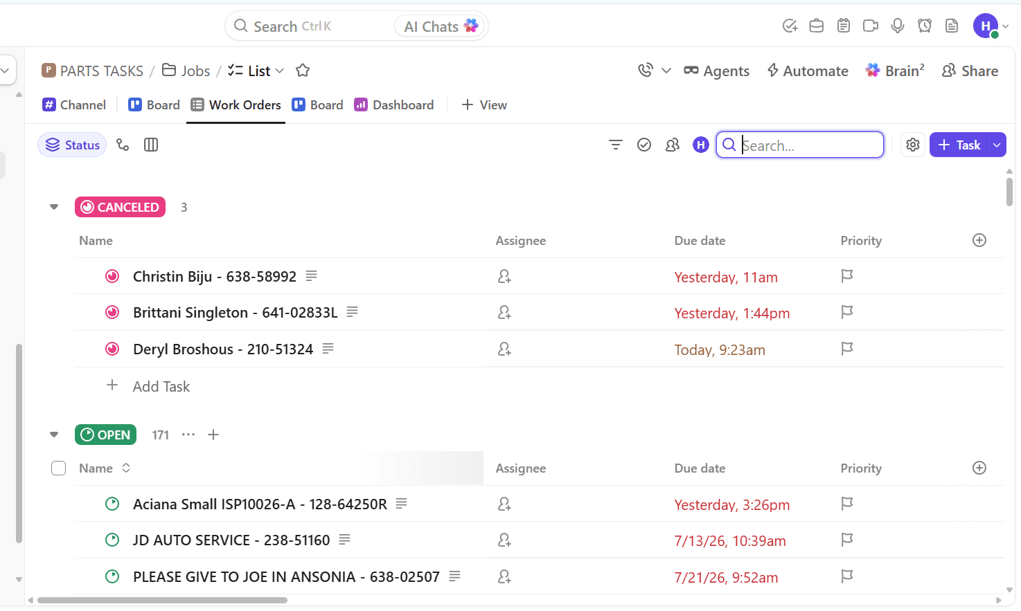 PowerSync ClickUp operations screenshot showing task tracking and operational status management.