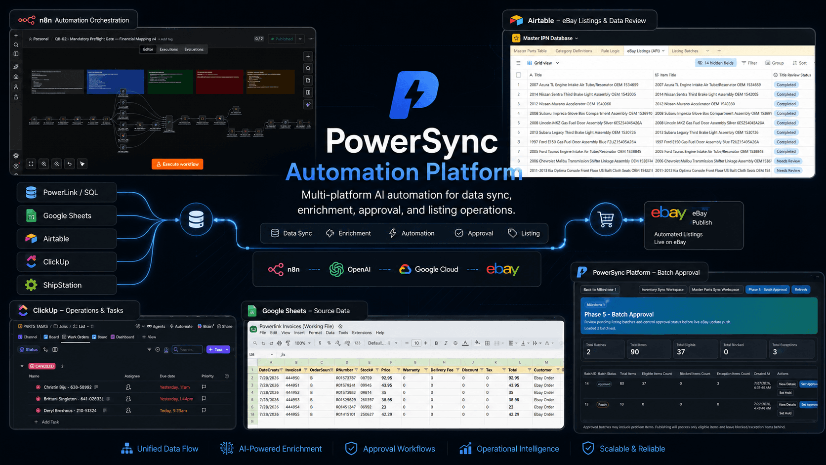 PowerSync Automation Platform cover showing n8n automation, Airtable review, Google Sheets source data, ClickUp operations, eBay publishing, and approval workflows.