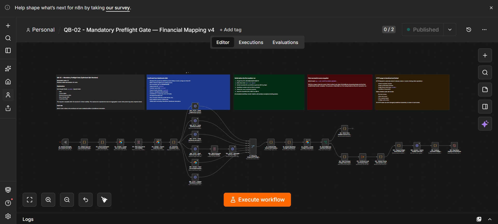 PowerSync n8n automation orchestration screenshot showing a connected workflow with execution controls.