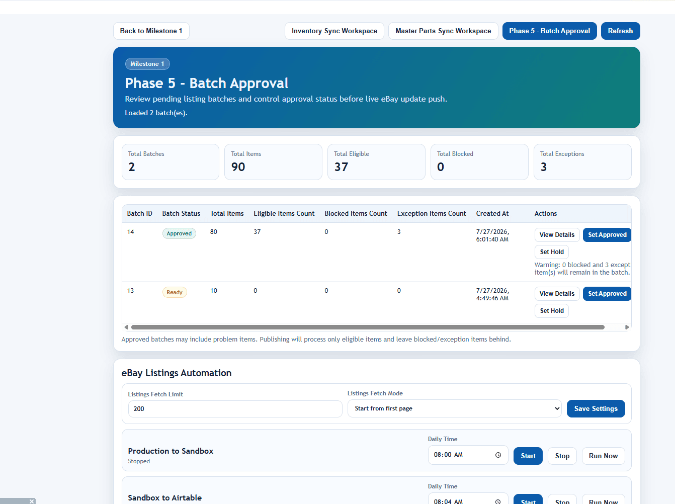 PowerSync batch approval dashboard screenshot showing milestone review, item counts, and approval actions.