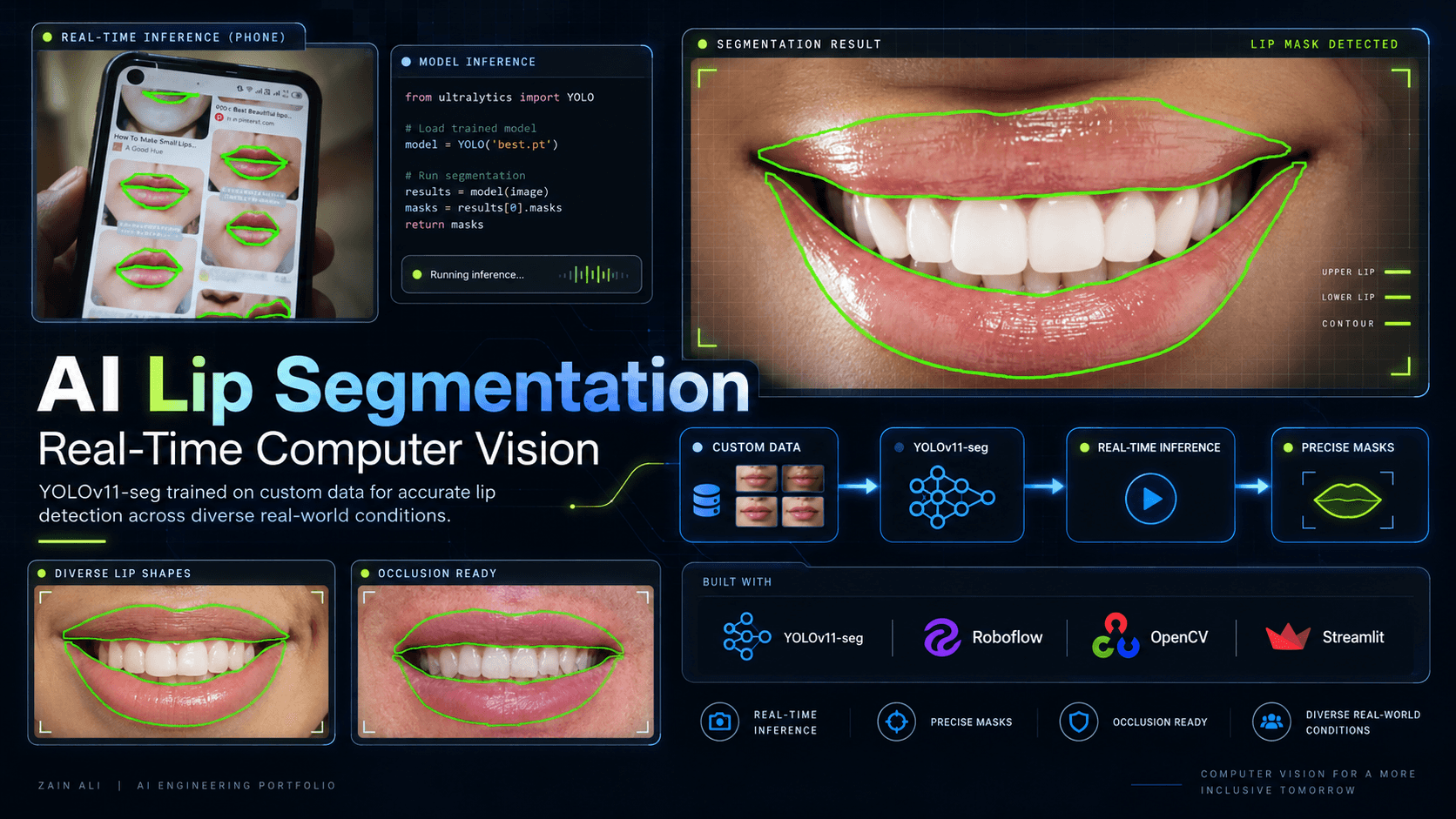 Case study cover for the YOLOv11 Lip Segmentation project, shown as a workflow-style preview.